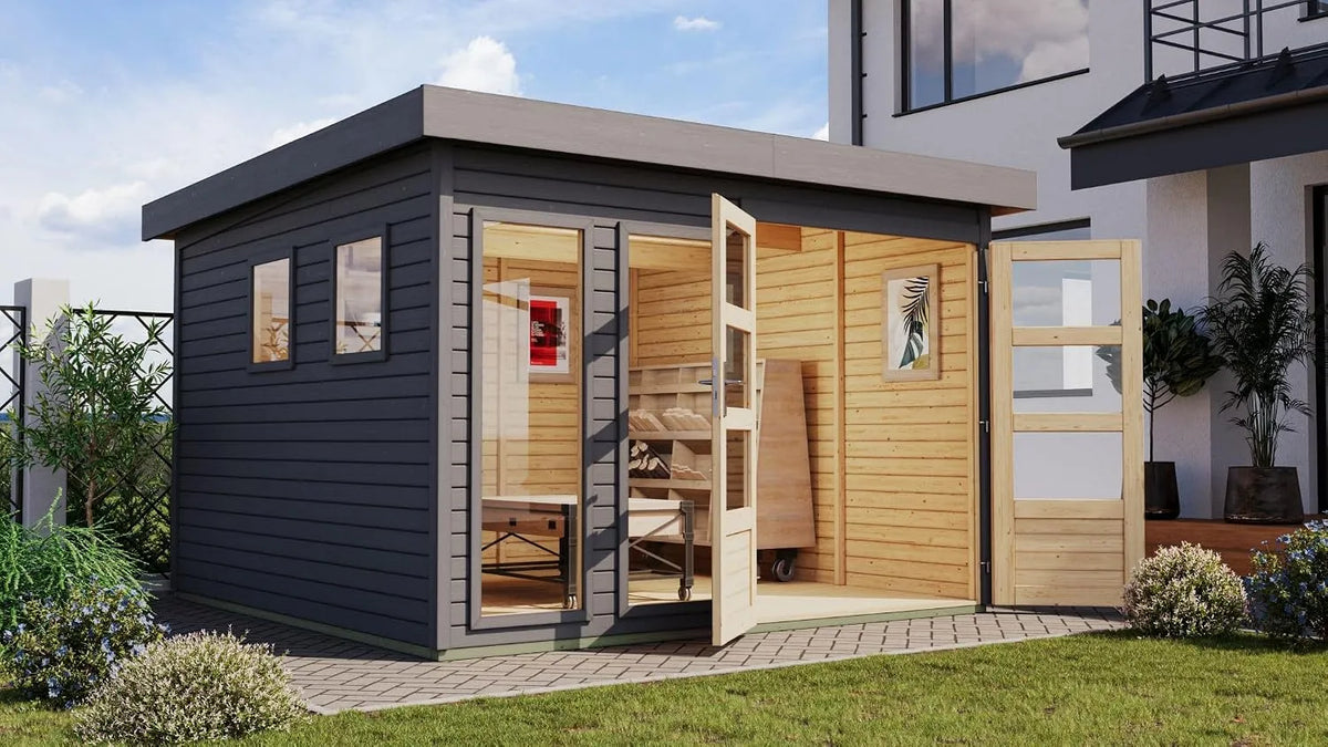 Gartenhaus, Pentus aus nordischer Fichte Verschiedene Größen optinal mit Anbaudach, lichtdurchflutetes Design mit Flachdach, terragrau, XL