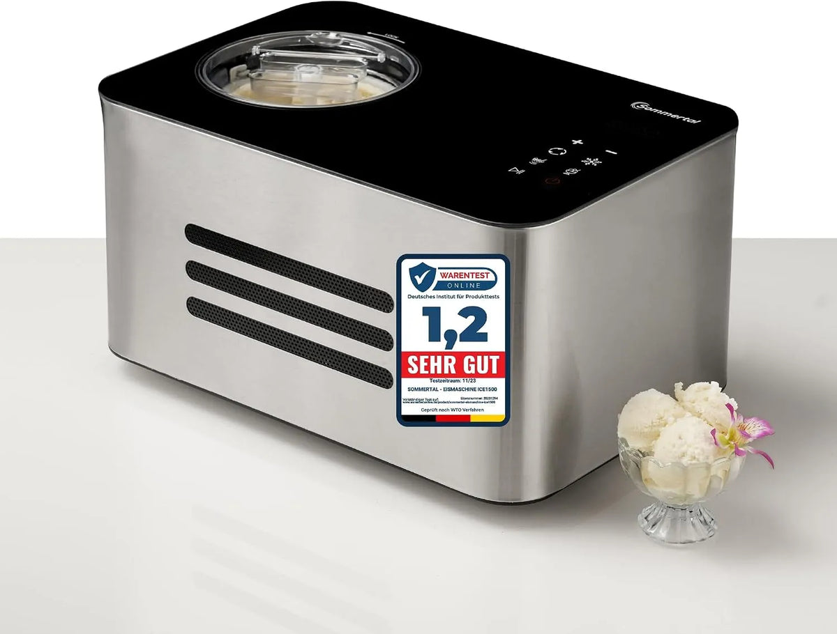 Eismaschine ICE1500, Fassungsvermögen 1,5L Edelstahlbehälter, Touchdisplay, Milch-Eis und Frozenjoghurt, BPA-frei, mit Kompressor bis -36°C
