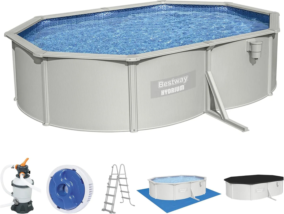 Bestway Pool, Hydrium Stahlwandpool Komplett-Set mit Sandfilteranlage 500 x 360 x 120 cm, rund, Farbe Grau