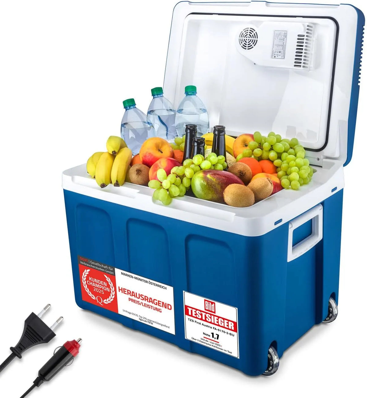 Kühlbox TZS First Austria, Mini Kühlschrank mit Rollen, Fassungsvermögen 45L elektrisch 12V 230V Anschluss für Auto & Steckdose, Für Camping, Reisen