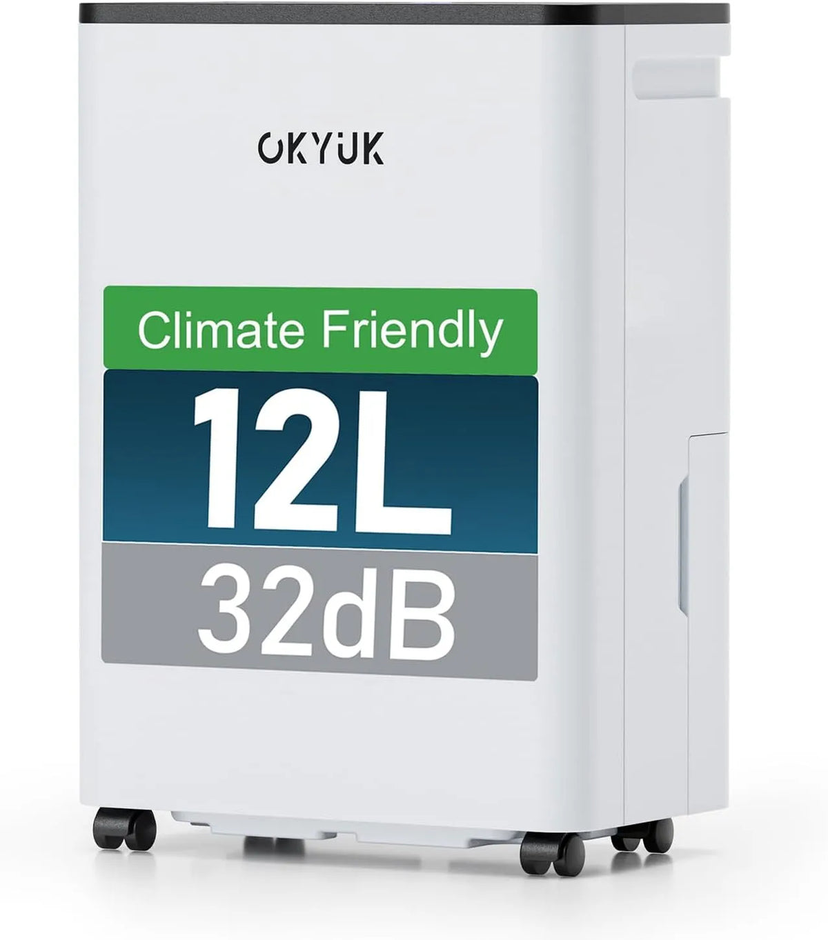 Luftentfeuchter PD12R-03DE OKYUK, Fassungsvermögen 12 Liter, geeignet für Räume von ca. 90 Kubikmetern, 30 Quadratmetern, 32dB, Kältemittel R290, Tag