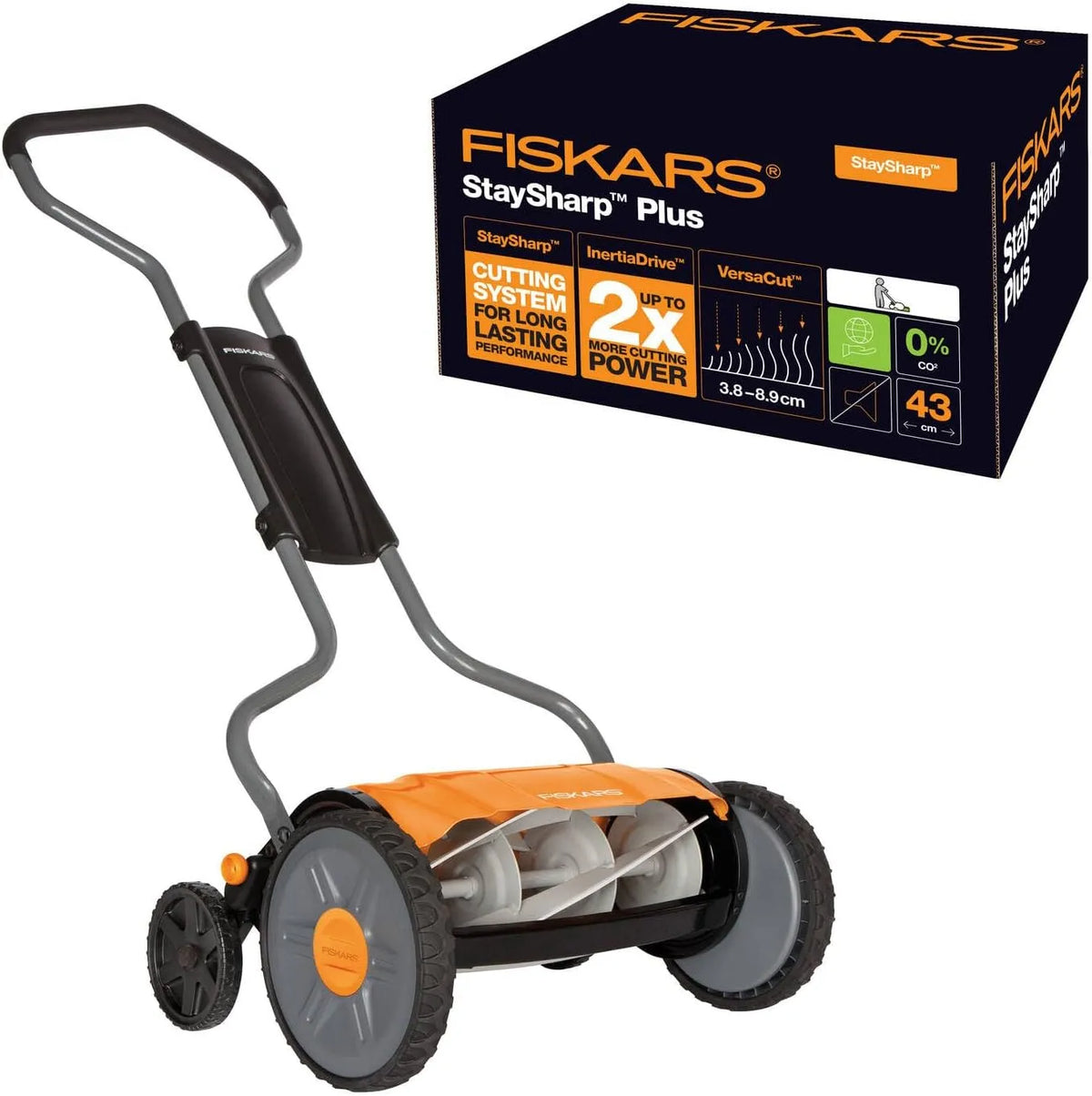 Rasenmäher 1015649 Fiskars Spindelmäher, Schnittbreite: 43 cm, StaySharp Plus, mit berührungslosem Schneidesystem, Orange, in Schwarz, Silber