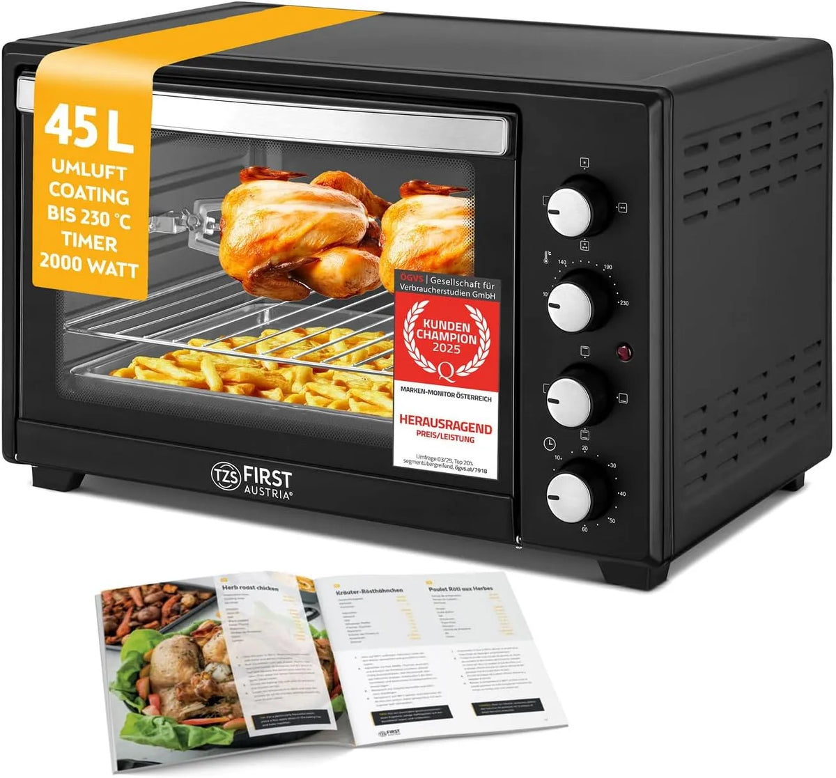 Backofen, Minibackofen 45L 2000W, Mini Pizzaofen Temperaturregelung bis 230°C & Antihaftbeschichtung, Miniofen 60 Min. Timer, 4 Einschubhöhen