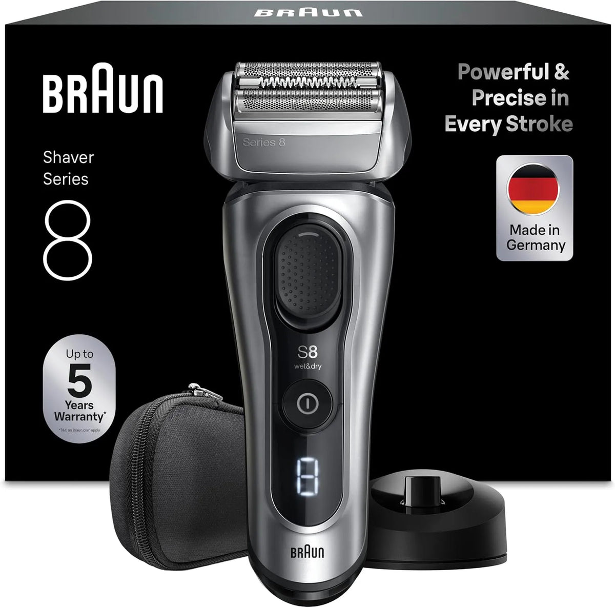 Braun Modell 8617s, Rasierapparat mit 60 Min. Akku, Series 8 Elektrorasierer Herren, 4+1 Präzisionskopf und Trimmer, Ladeständer, Silber