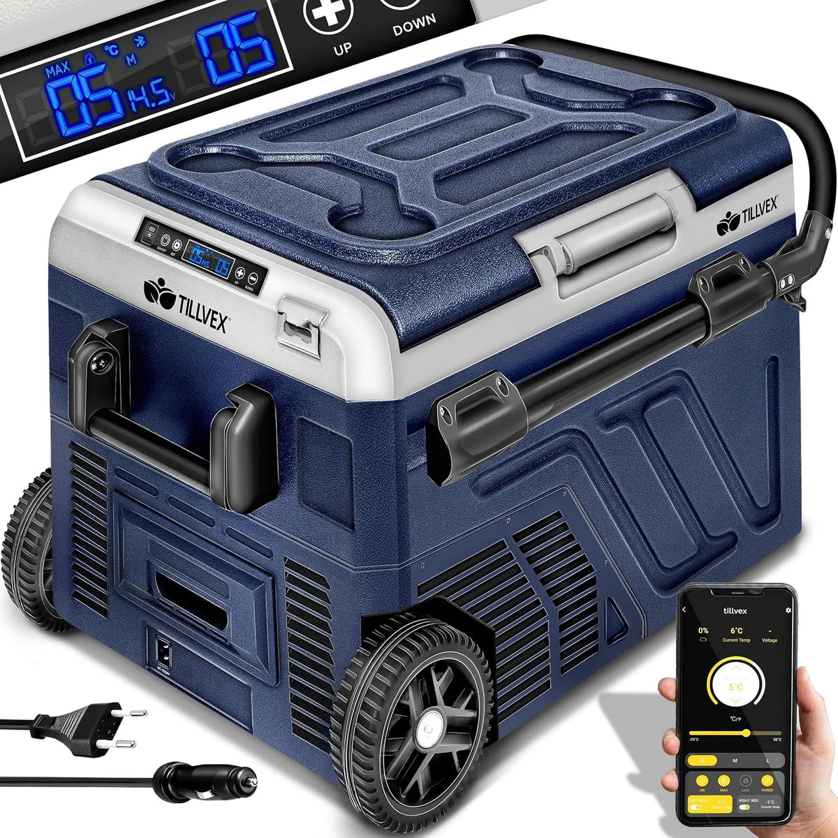 Kompressor tillvex, Kühlbox elektrisch 40-60 Liter, Fassungsvermögen 50 Liter, Camping, Kühlschrank bis -20 °C für Auto, Lkw, Navyblau