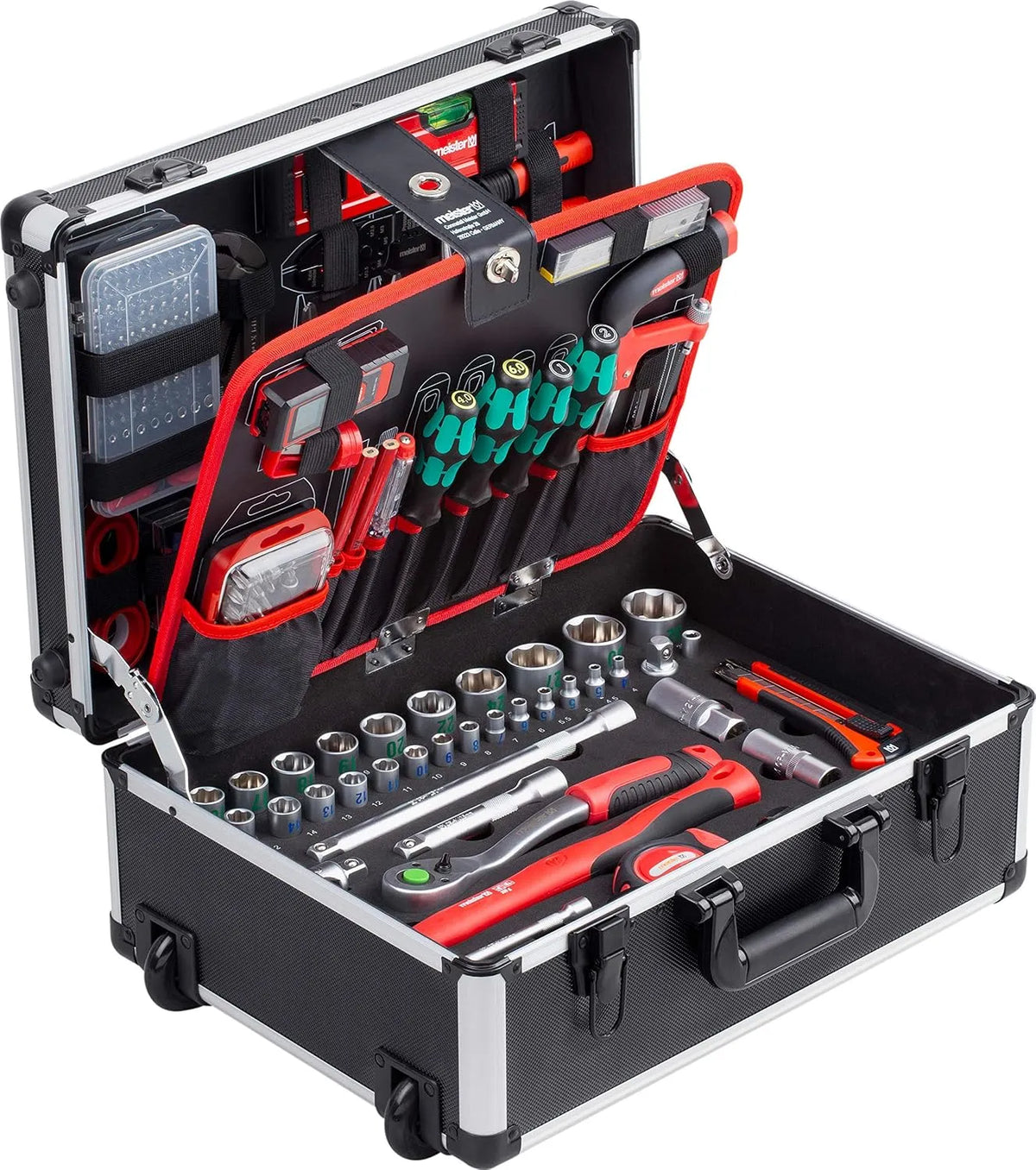 238-teilig 8973770 Meister Werkzeugtrolley, Mit Qualitätswerkzeug von Knipex & Wera, Teleskophandgriff, Profi Werkzeugkoffer befüllt, Werkzeugbox
