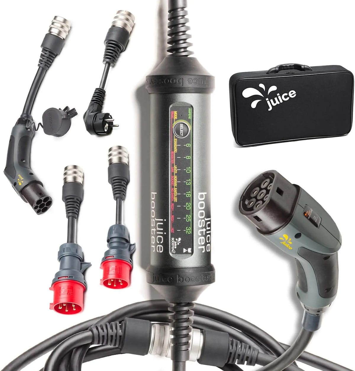 2 Juice Booster, Typ 2 Ladekabel, Adapter für alle Steckdosen, wetterfest & robust, Mobile Ladestation 22 kW, Schweizer Design