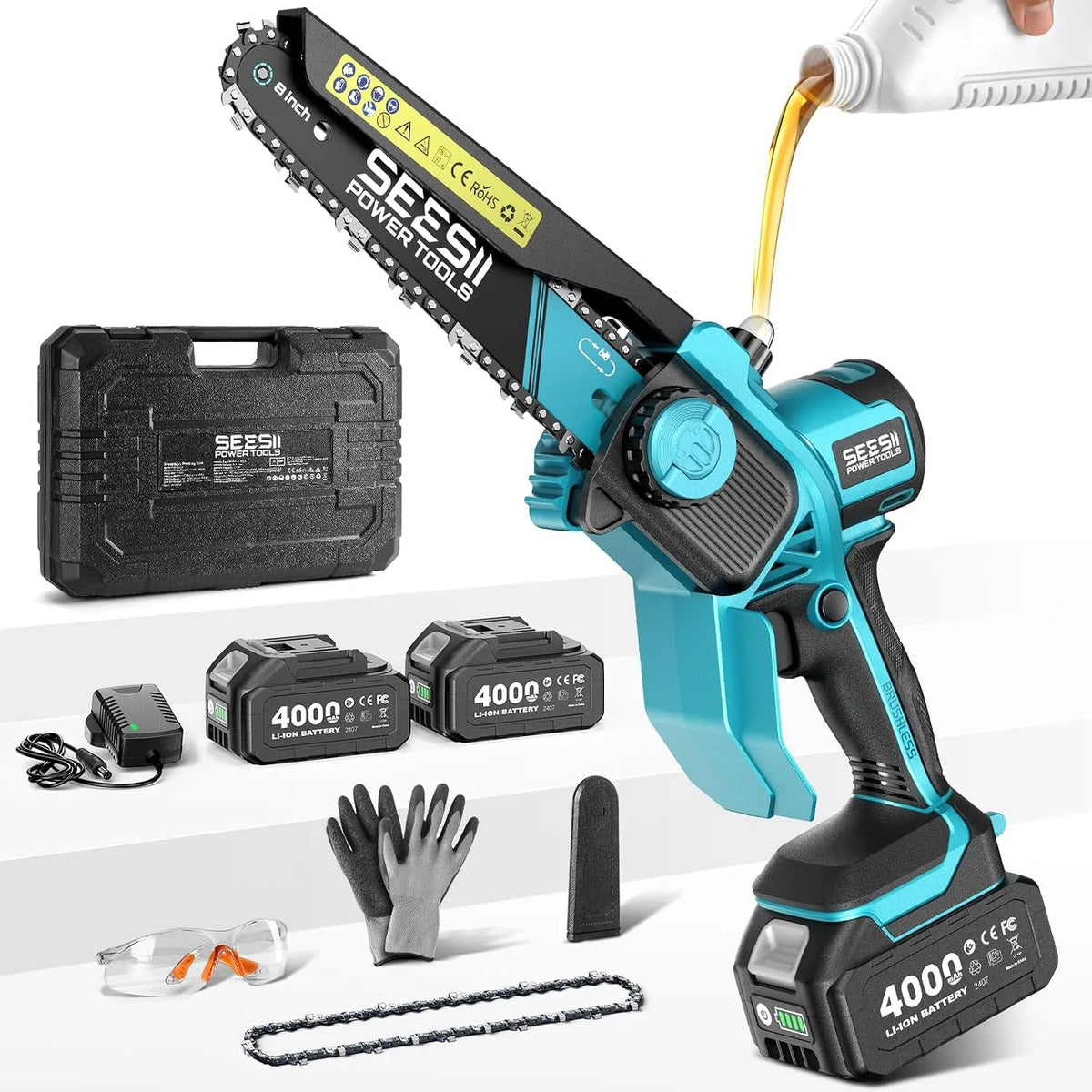 SEESII 8-Zoll Akku-Mini-Kettensäge, elektrische Kettensäge mit 2×4000mAh Akkus, 2026 verbesserter bürstenloser Motor