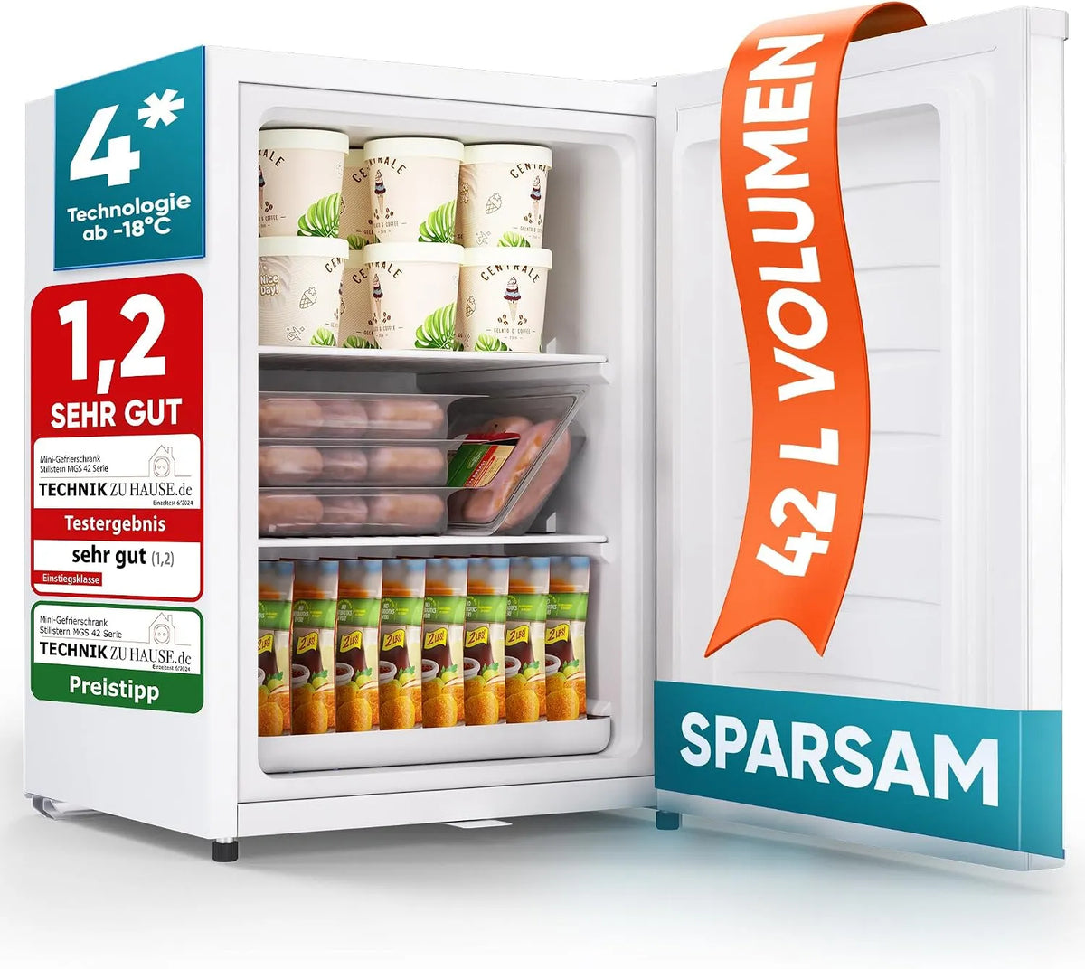 Mini-Gefrierschrank Stillstern, Fassungsvermögen 42L, 18°C, 4-Sterne Tiefkühlschrank für Camping, Eiswürfelschale, Schloss, Türanschlag wechselbar