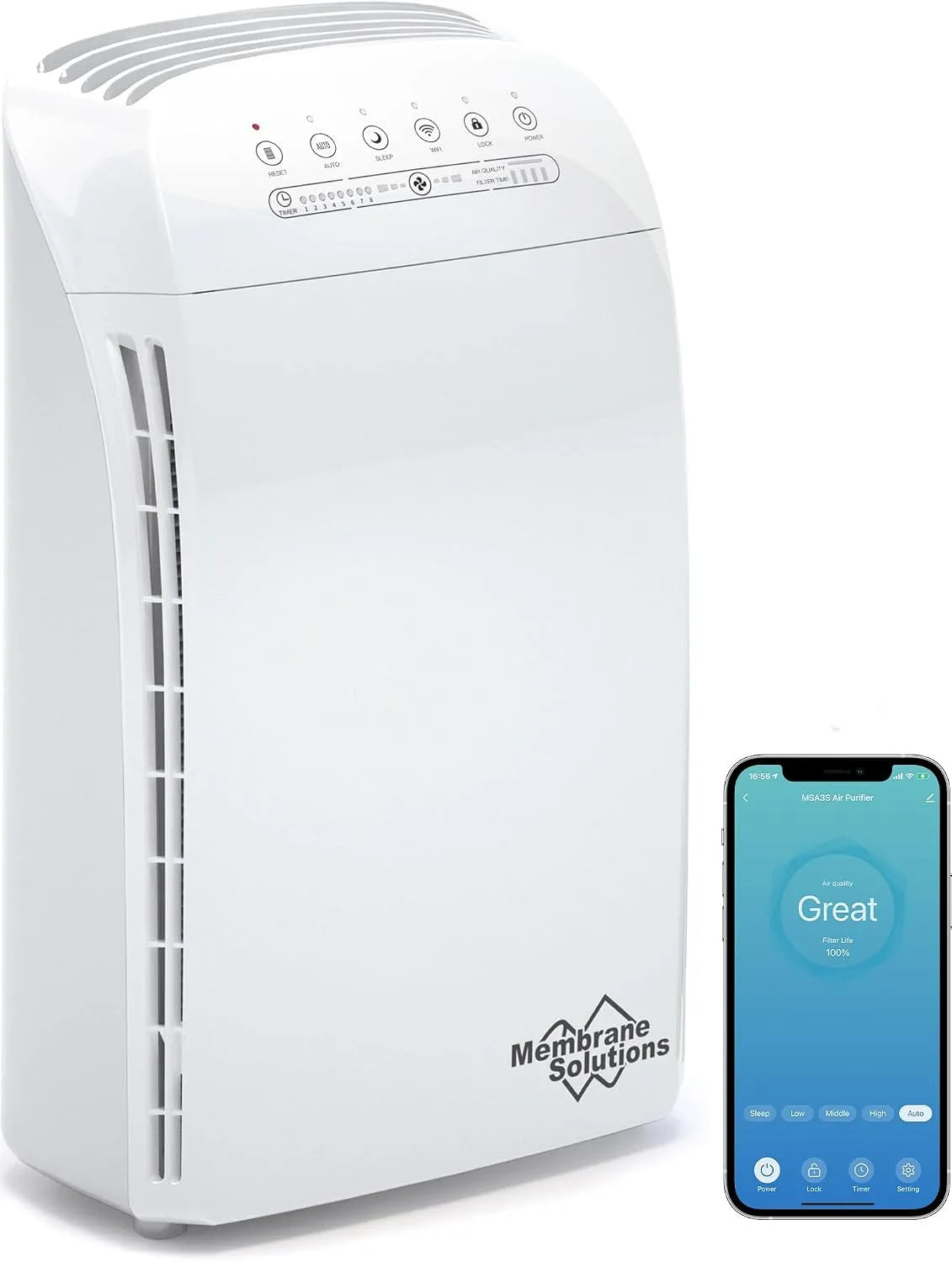 Luftreiniger MSA3S Membrane Solutions, Allergiker für Wohnung 147m² Raucherzimmer, HEPA Luftfilter Intelligent 22dB, Schimmel, Pollen