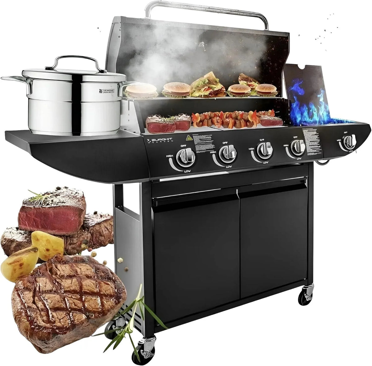 Grill, Lagerfeuer Original Barbecue BBQ 5 Gasbrenner 4+1 Gartengrill, Stahl Warmhalterost, Seitenbrenner