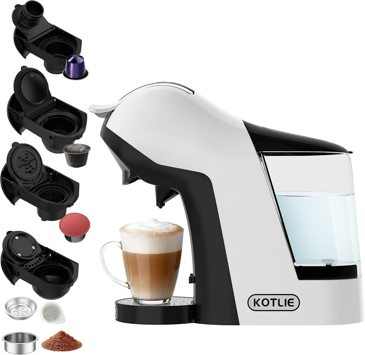 Kaffeemaschine EM-308B, 7 Wasserstufen,1L Wassertank, KOTLIE 5-in-1, 3 Temp., weiß, Multi-Kapsel und Pulver