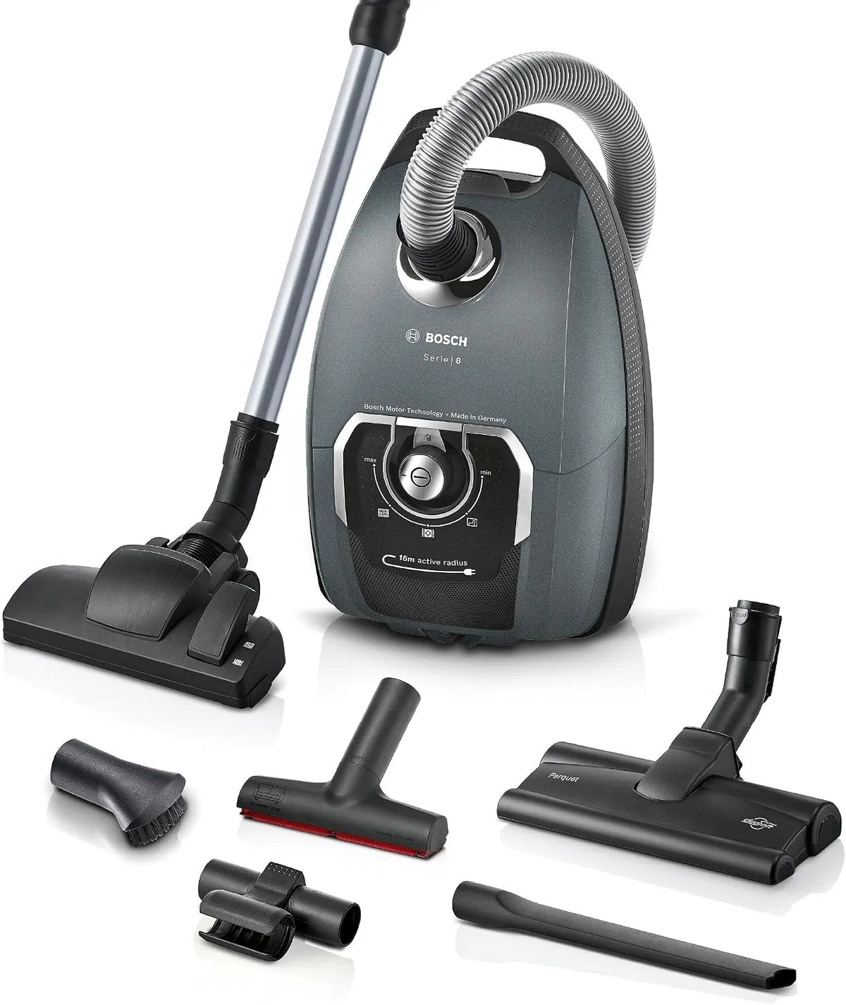 Bosch Staubsauger BGL75XPRQ, Leistung 750 W, Hygiene-Filter, Hartbodendüse, XXL-Fugendüse, Made in Germany, Farbe Grau, mit Beutel Serie 8, leise
