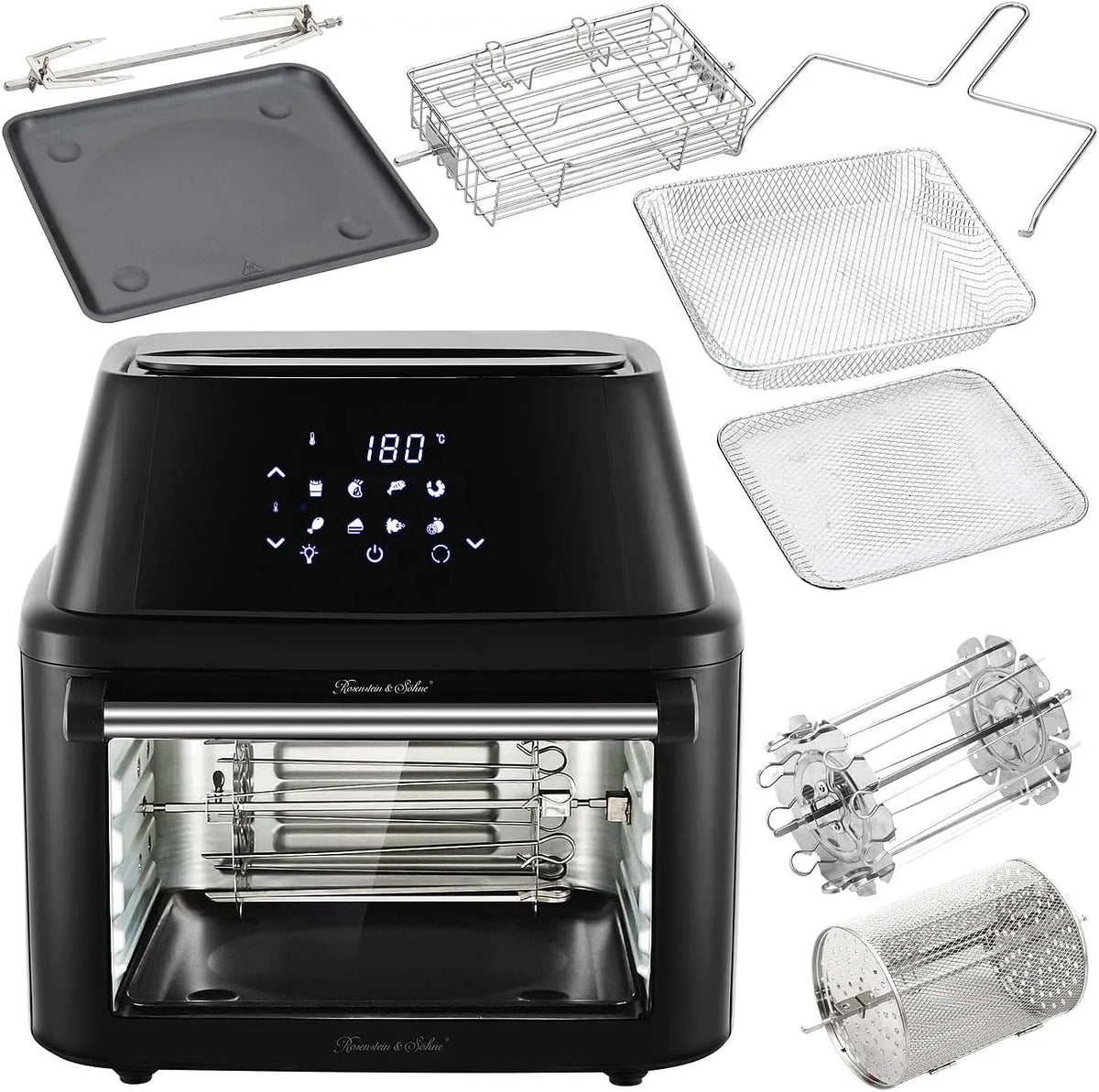 Backofen, 8 Betriebsprogramme, Mini Ofen, Pizza, Fassungsvermögen 16 l, Rosenstein & Söhne Minibackofen: Digitale XXXL-Heißluft-Fritteuse & Umluft