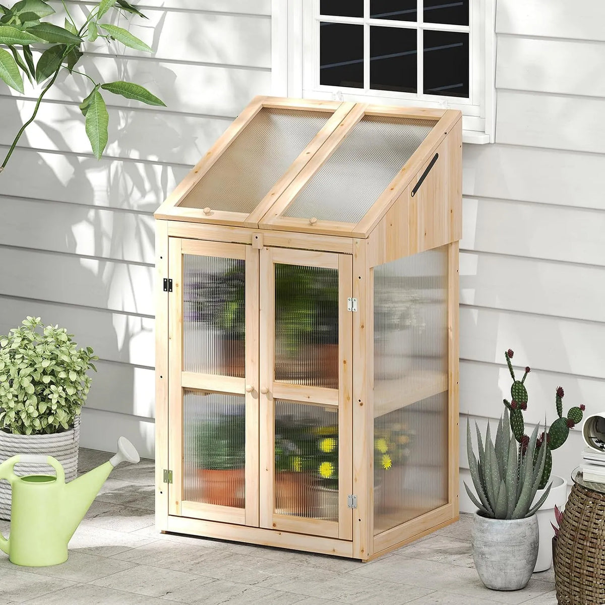 Costway Gewächshaus, Maße 69 x 58 x 121 cm, aus Holz & PC, Deckel & abnehmbaren Regalen, für Garten Balkon, 2 Etagen Frühbeet, mit 2 Türen, Natur