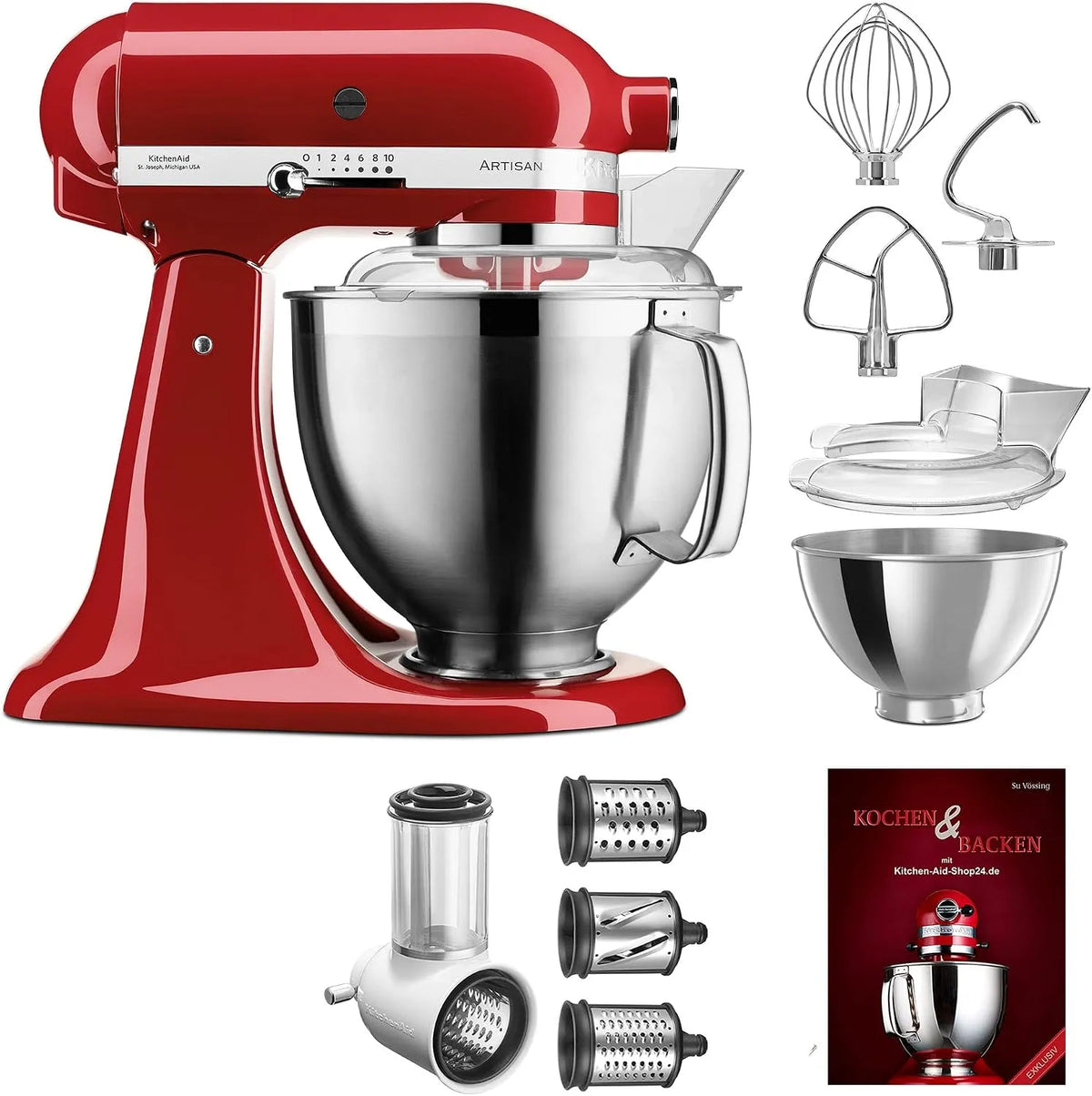 KitchenAid Küchenmaschine P26 185er 5KSM185PSEPH, Artisan, GemüsNeu, und Kochbuch, empire rot, 5KSMVSA, Starter Set, inklusive. Gemüseschneider