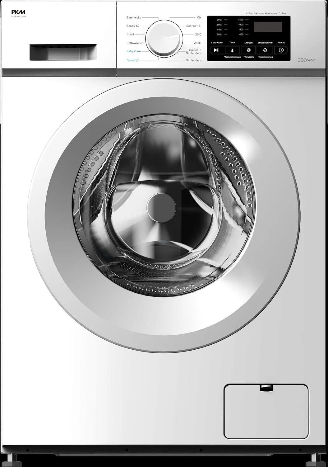 PKM Waschmaschine WA8-1412AWT, Fassungsvermögen 8kg, 12 Betriebsprogramme, Inverter-Motor, Steam Funktion, Weiß, AquaStop, Energieeffizienzklasse A