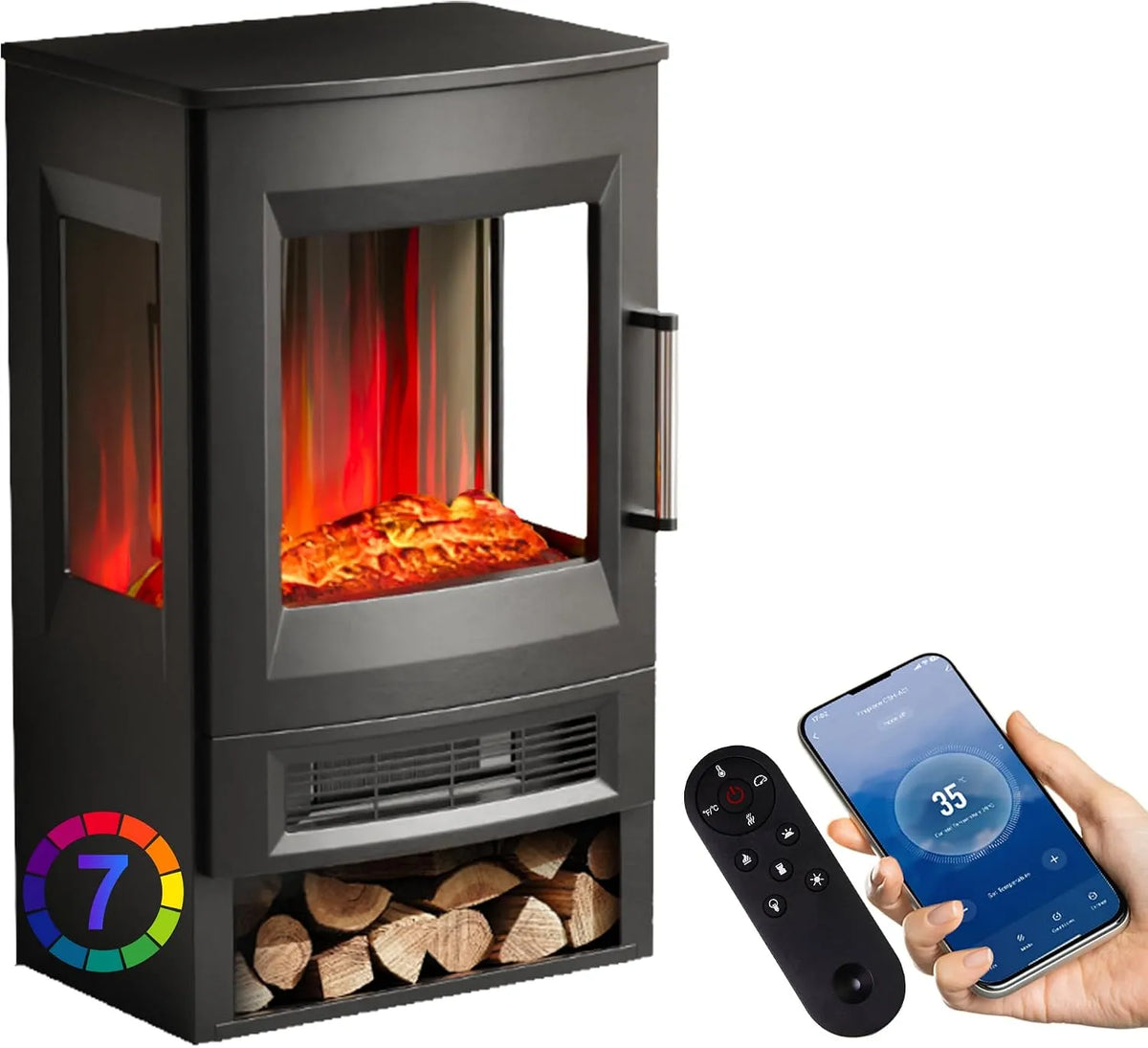 Elektrokamin INMOZATA, Einstellbarer Thermostat, mit Heizung 900/1800W Panorama-Sichtfenster Elektrischer Kamin mit 7 Flammenfarben