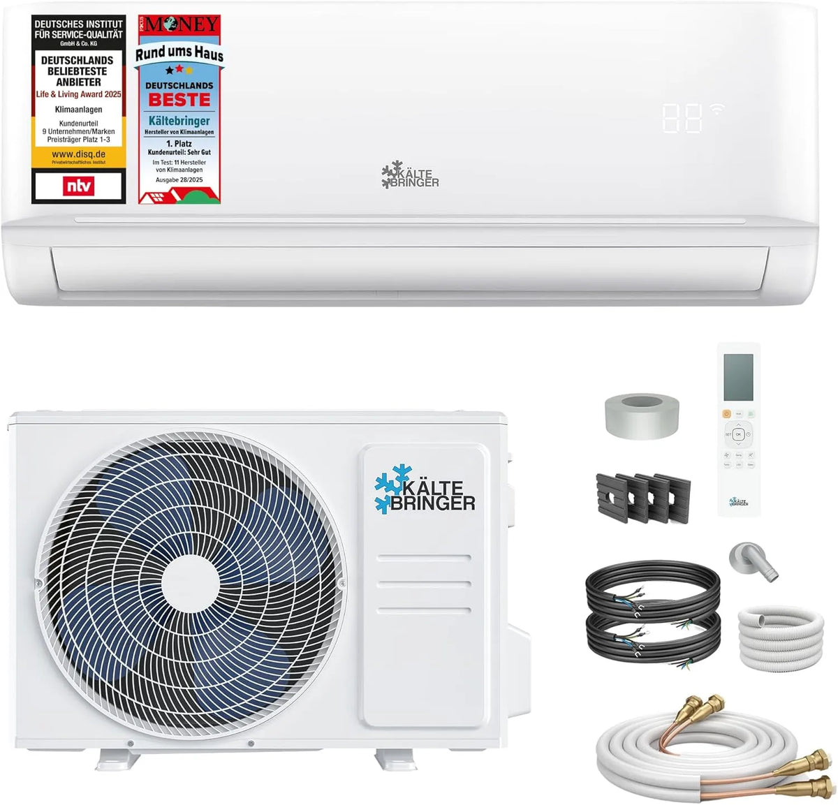 Klimaanlage 55qm Kältebringer Split, 12000 BTU, Leistung 3,5 kW, 5m Kupferleitung, Kältemittel R32, Montagematerial, Quick Connect, WiFi & App, bis