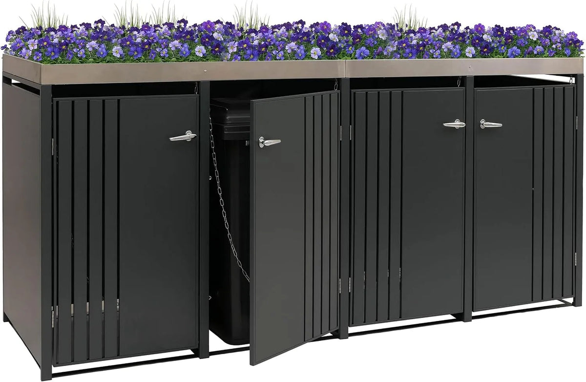 Modell 4er-Mülltonnenverkleidung HWC-O67 Mendler, Metall 125x260x84cm 95kg, Mülltonnenbox mit Pflanzkasten, anthrazit