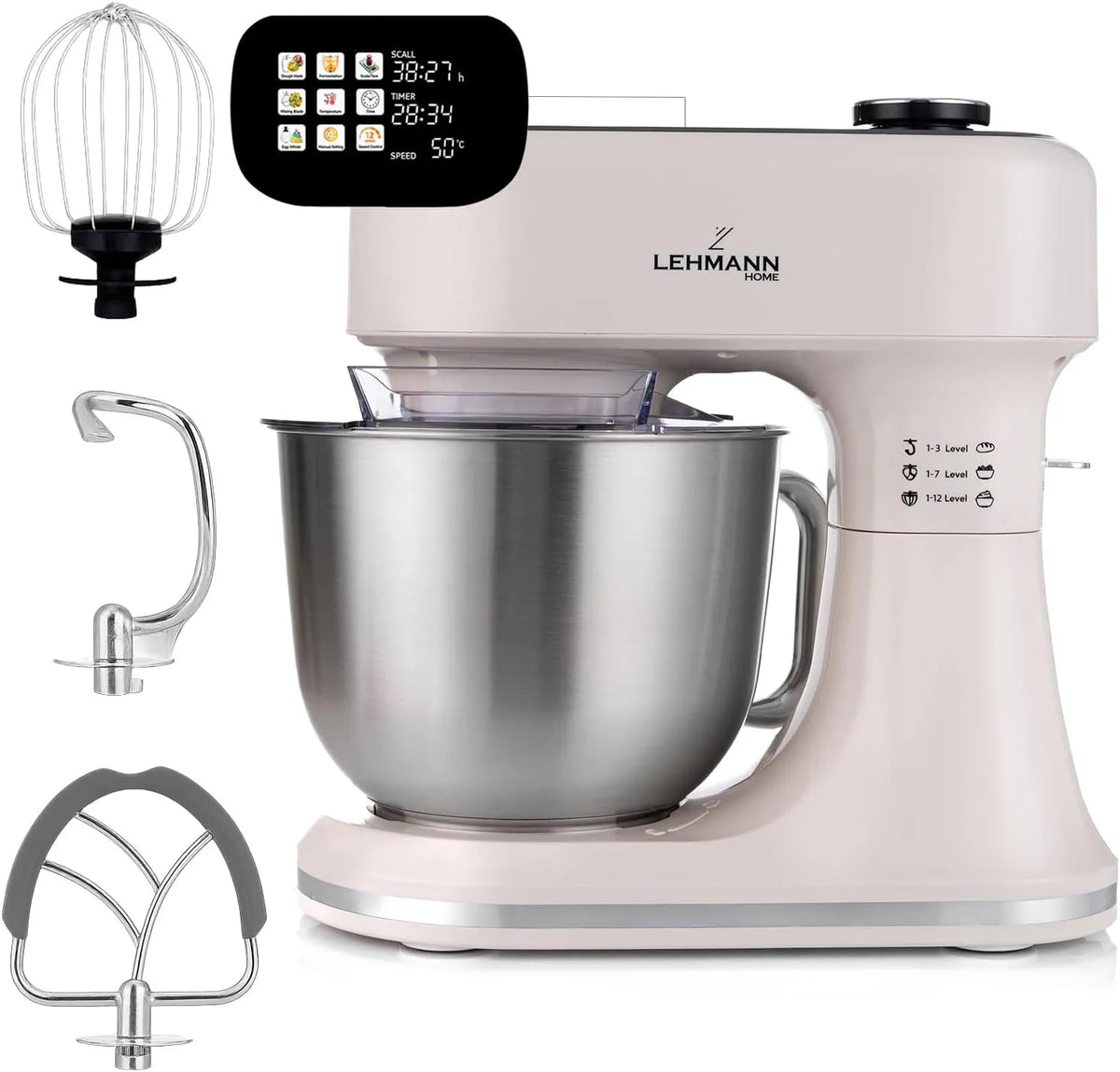 Küchenmaschine LEHMANN, 12 Geschwindigkeitsstufen, 12 Geschwindigkeitsstufen, Fermentationsfunktion mit Heizfunktion, Timer, Leistung 1500W