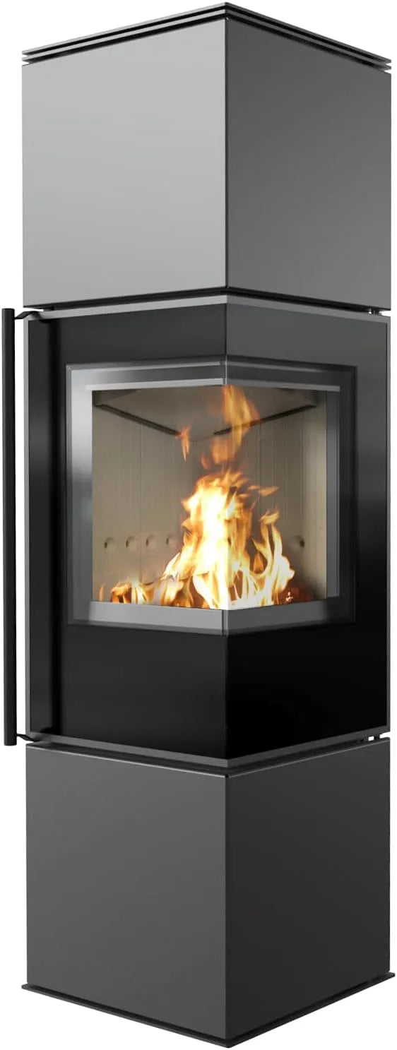 Kaminofen, M Eckkamin 7 kW, KRATKI Ren, Tür rechts, Freistehender aus Stahl Ø 150 mm 2 Seiten Glas, BImSchV 2, Ecodesign & Flamme Verte