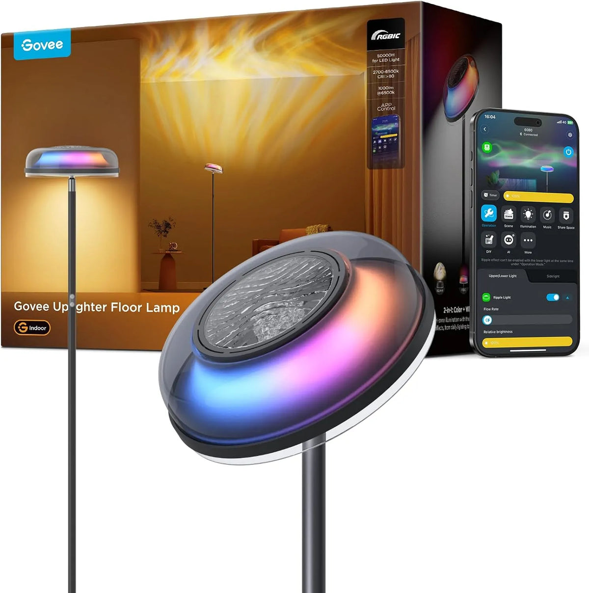 Wohnzimmer Deckenfluter Wellenbeleuchtung RGBICWW Modell 2700-6500k 1000LM Govee Stehlampe, 80+ SzenenModi, Dreizonenbeleuchtung Stehlampe