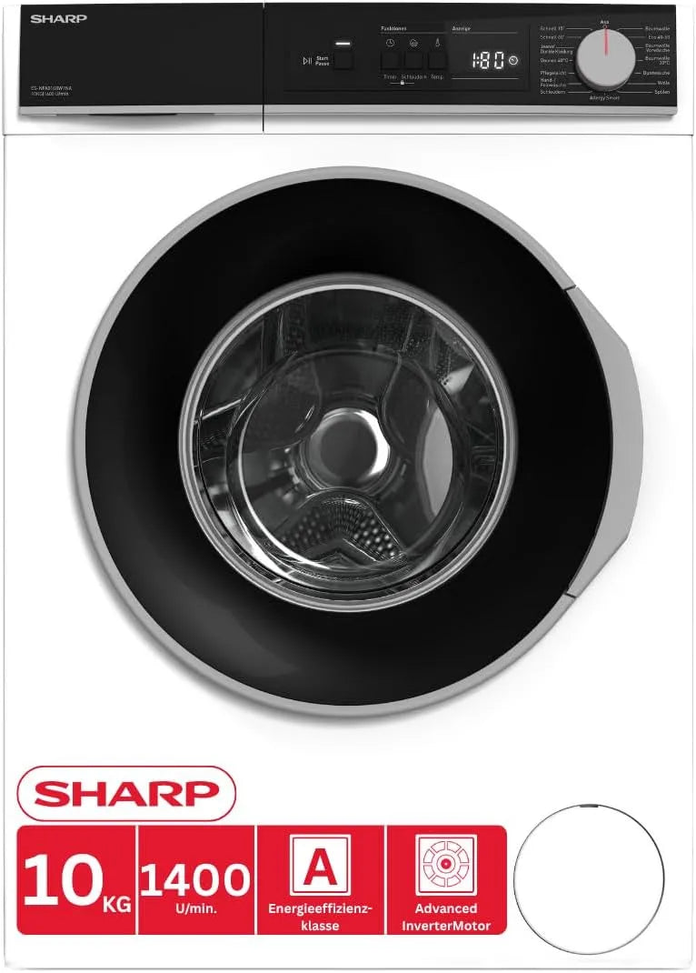 Sharp Waschmaschine ES-NFA014BW1NA-DE 1400, Inverter-Motor, A Energieeffizienz, AllergySafe, Weiß, Gewicht 10 kg, Min, AquaStop, Startzeitvorwahl