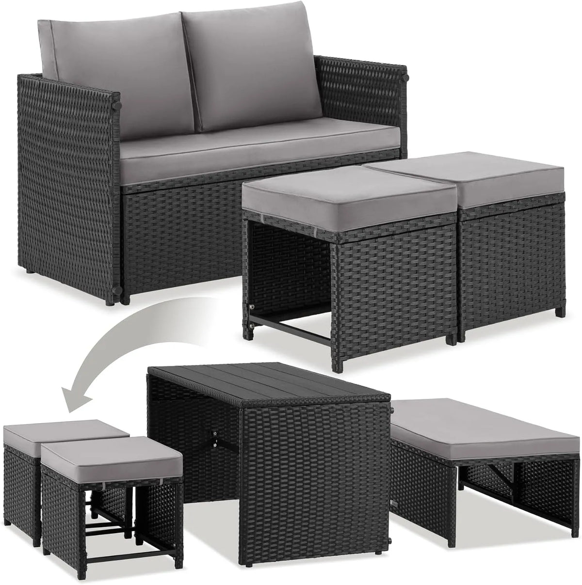 Tisch 2in1, Set mit Schraubfüßen, Polyrattan Gartenmöbel, Terrassenmöbel, in Schwarz, TecTake Rattanlounge für 4 Personen