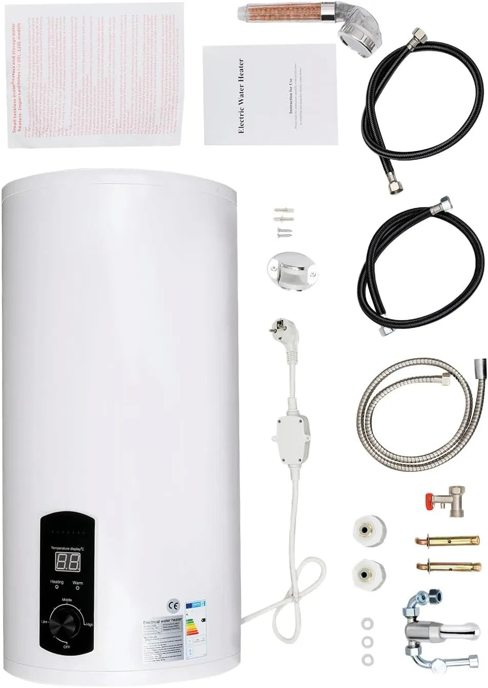Warmwasserbereiter G1/2 IPX4, Leistung 2,0 kW Elektro Warmwasserspeicher Boiler 30L, Max 75℃, Fassungsvermögen 45L, Fassungsvermögen 60L