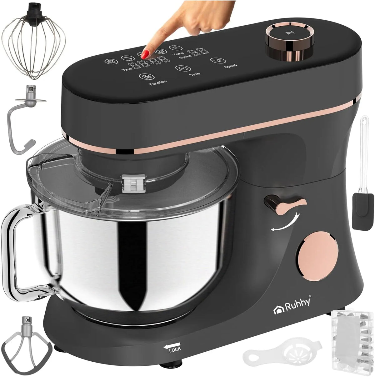 Küchenmaschine, RUHHY Planetenrührgerät 2000W 11 Geschwindigkeitsstufen & Touchdisplay, Pizza, in Schwarz und Gold, mit beheizbarer Rührschüssel 6,2L