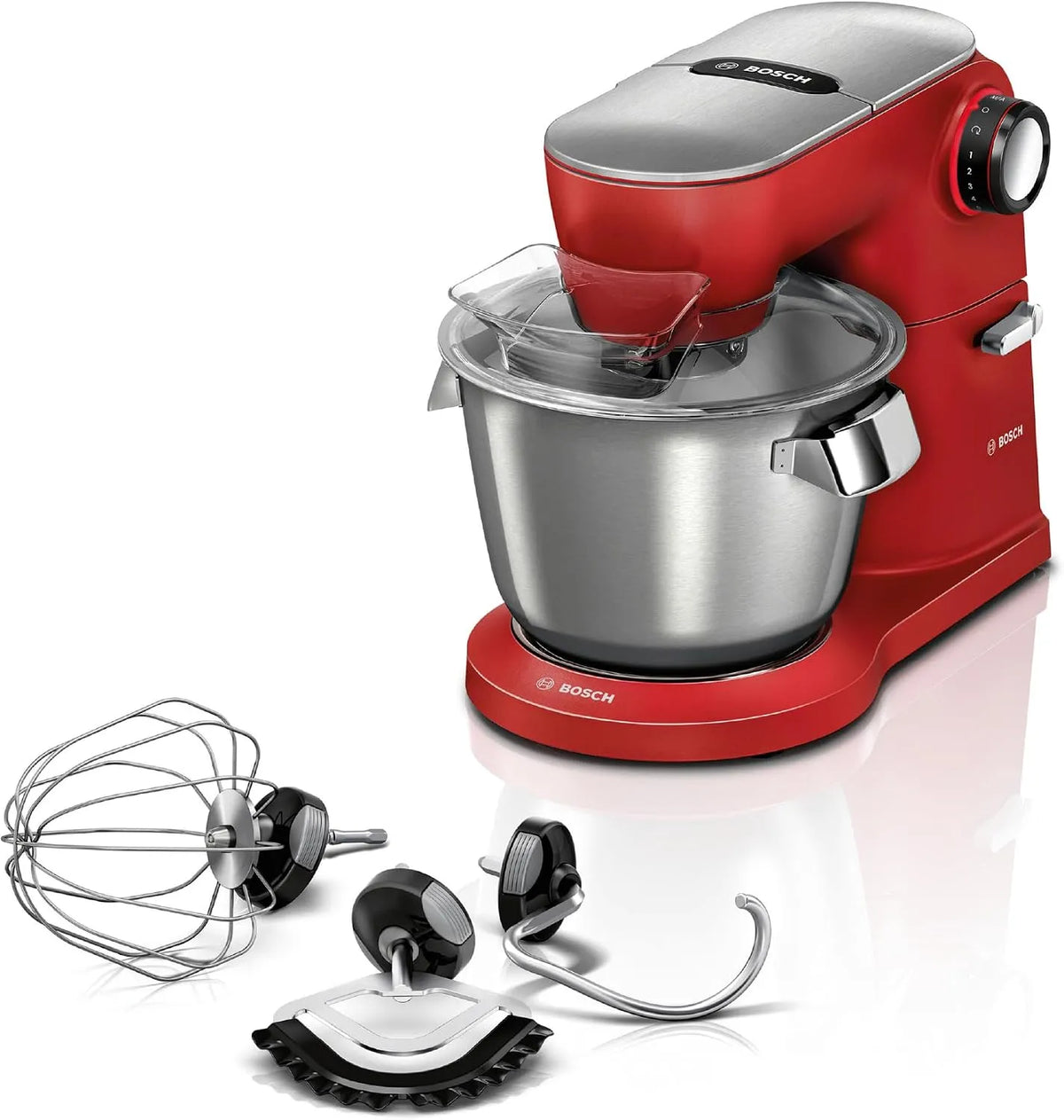 Bosch Küchenmaschine MUM9A66R00, Edelstahl-Schüssel 5,5 L, Leistung 1600 W, 7 Arbeitsstufen, OptiMUM, spülmaschinenfest, Planetenrührwerk, Schnee, Rot