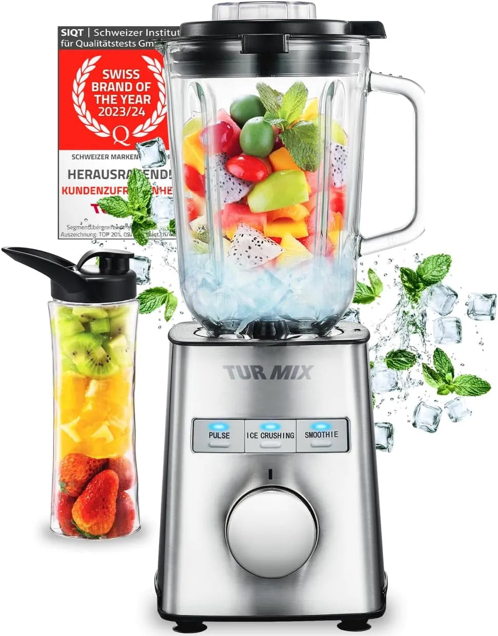 Standmixer CX 750 Turmix, Smoothie Maker & Mixer Glas 1,5 L, hochleistungsmixer, stufenlos & Pulsfunktion, Eis & Säfte, Leistung 1000 W, To-Go-Becher