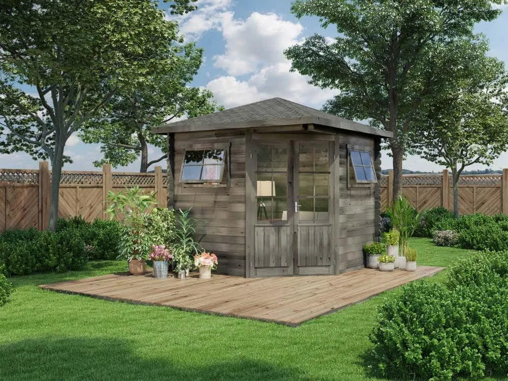 Gartenhaus, 5-Eck Sunny-B aus Holz Imprägniert, 250 x 250 cm mit 28 mm Wandstärke & Spitzdach, Farbe Grau