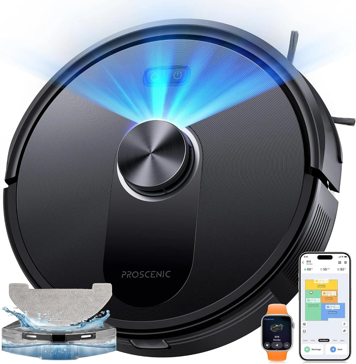 Saugroboter Q10 200min Proscenic, 8000Pa Staubsauger Roboter, Intelligentes Laser Navigation mit 5 Karten, mit Wischfunktion