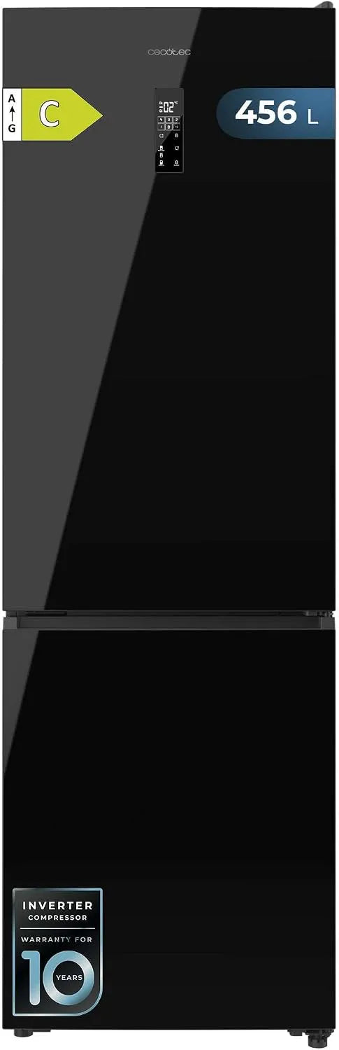 Cecotec Kompressor, Total No Frost Bolero CoolMarket Combi 456 Black Glass C. Höhe 201 cm und 59,5 cm Breite Max Inside, mit VIP Tech, Inverter Plus