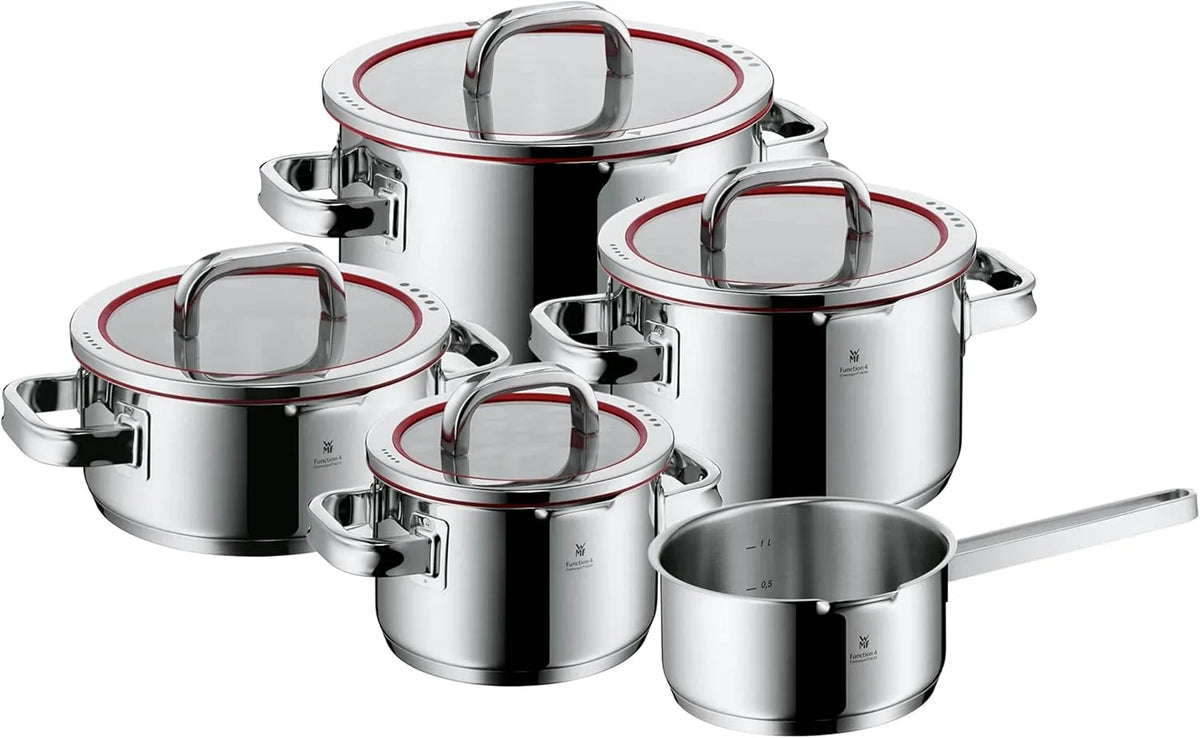 WMF Topfset, Cromargan Edelstahl poliert, Function 4 Induktion 5-teilig, Glasdeckel mit 4 Abgießfunktionen, Innenskalierung, Induktions Töpfe Set