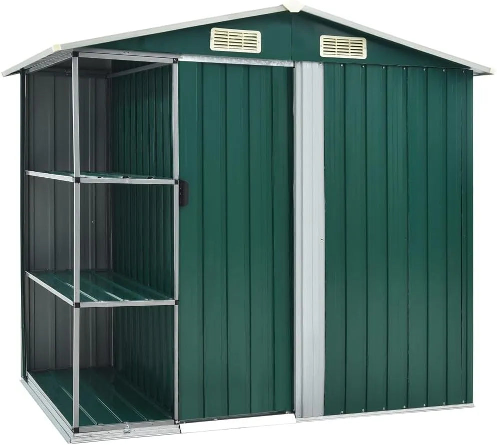 Gartenhaus, mit Regal 4 Lüftungsschlitzen Schiebetür Geräteschuppen Gartenschuppen Gerätehaus Garten Schuppen 205x130x183cm Grün