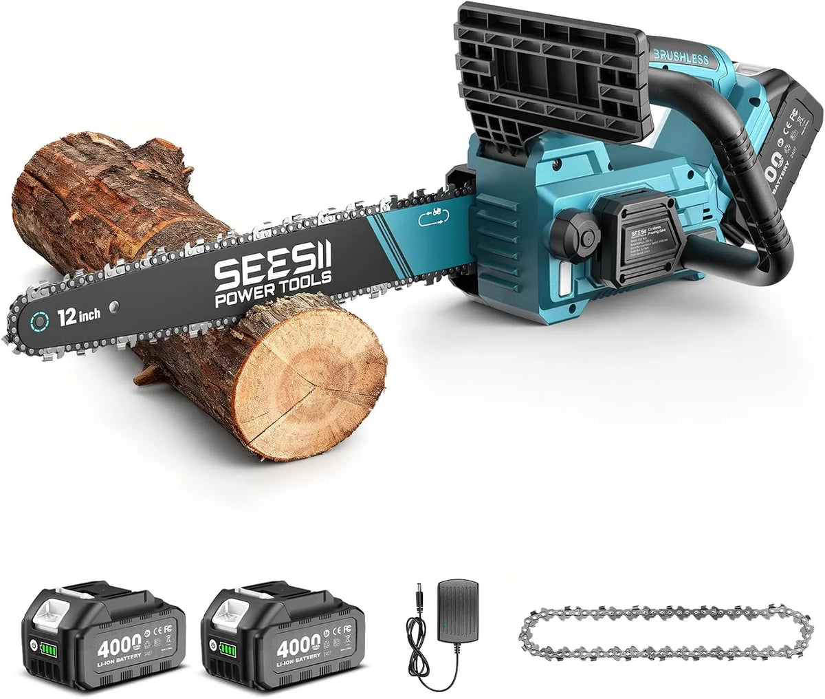 Zoll Akku Kettensäge SEESII 12, Leistung 1200W Bürstenlose Kettensäge Elektrisch mit 2×4Ah Akku & Ladegerät, Automatischer Öler, Kettenbremse
