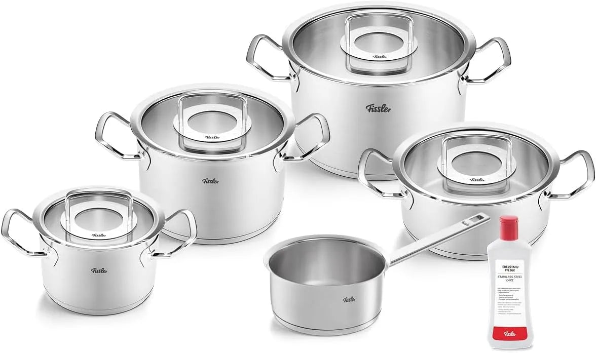 Collection Fissler Original-Profi, inklusive. Glas-Deckel + Gratis Edelstahlpflege, Silber, 5-teilig, Edelstahl-Kochtopfset, Induktion