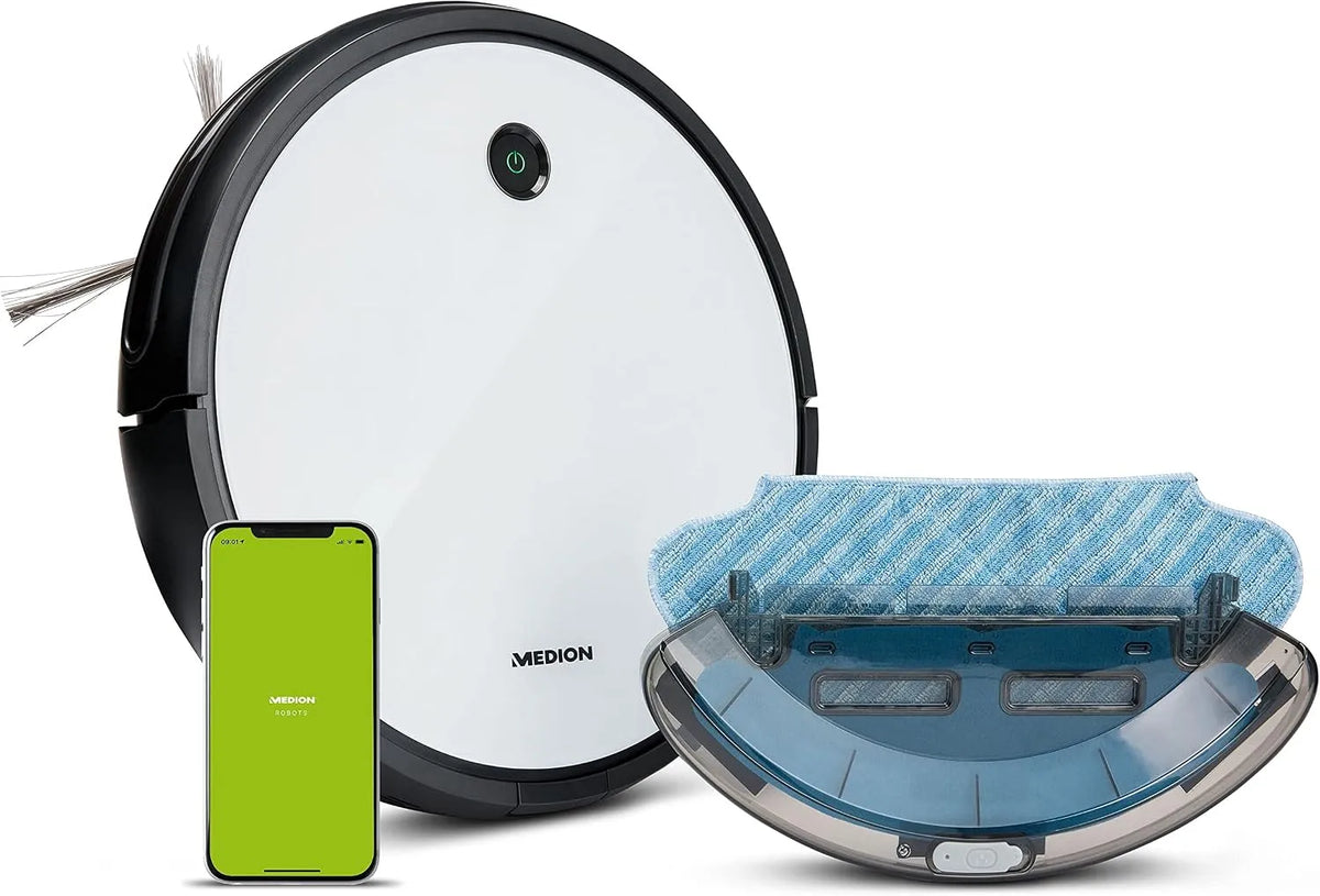 Saugroboter MD 19601 MEDION, mit Wischfunktion und App-Steuerung, WLAN, Alexa, intelligente Navigation, Ladestation, Saugen und Wischen gleichzeitig