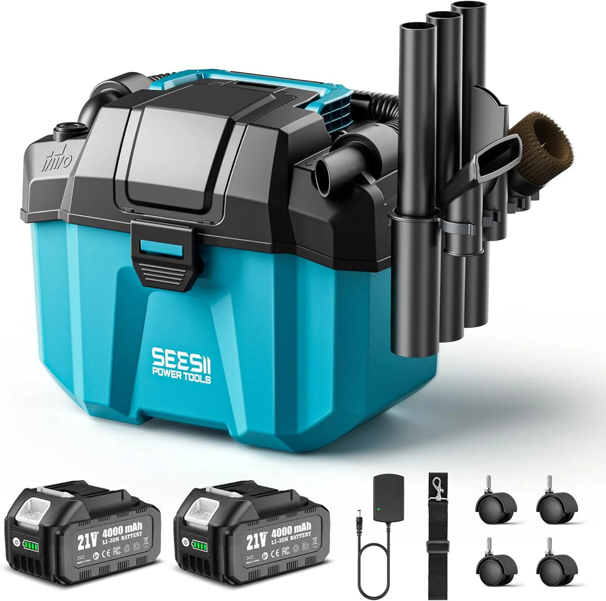 Nass-/Trockensauger, Fassungsvermögen 10L 2-Gang Nass- & mit Schultergurt, Seesii Akku Nass und, Auto, Blue, 3-in-1 Werkstattsauger mit GebläSe