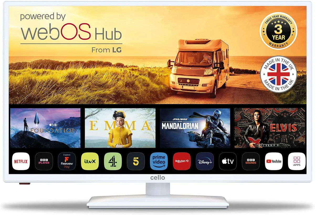 Apple Cello White 12 Volt 32 Zoll Traveller Smart TV, ultraschnelles WebOS, Netflix, Wohnwagen und LKW, Bluetooth, TV und DAZN für Wohnmobile