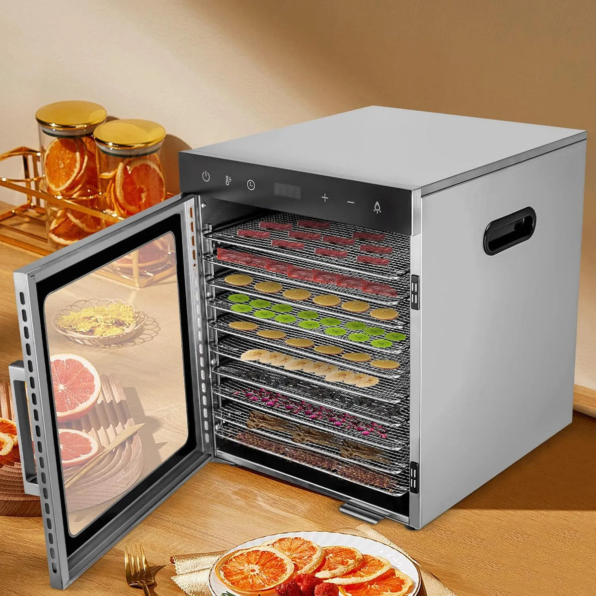 10 Edelstahlgitter Gemüse Trockner, mit 24 Stunden Funktion und integrierter LED-Beleuchtung, Dörrgerät für Obst und Gemüse,800W Timer