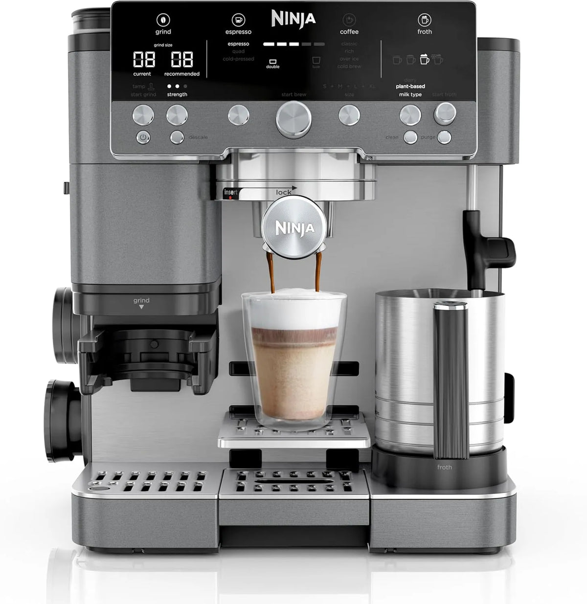 Ninja Kaffeemaschine ES601EUGM, Luxe Premier 3-in-1, 4 automatische Schaumeinstellunge, für Espresso, Cold Brew & Filterkaffee, Farbe Grau-Metall