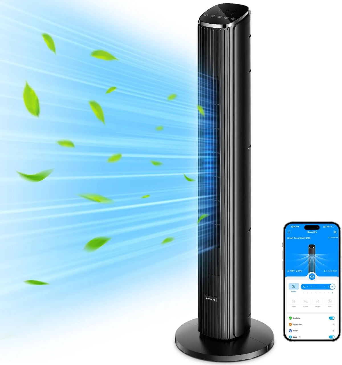 Ventilator 6.3m/s, 75° Oszillierende Ventilatoren mit App- und Sprachfernbedienung, GoveeLife Intelligente leiser Turmventilator, mit Kühlung