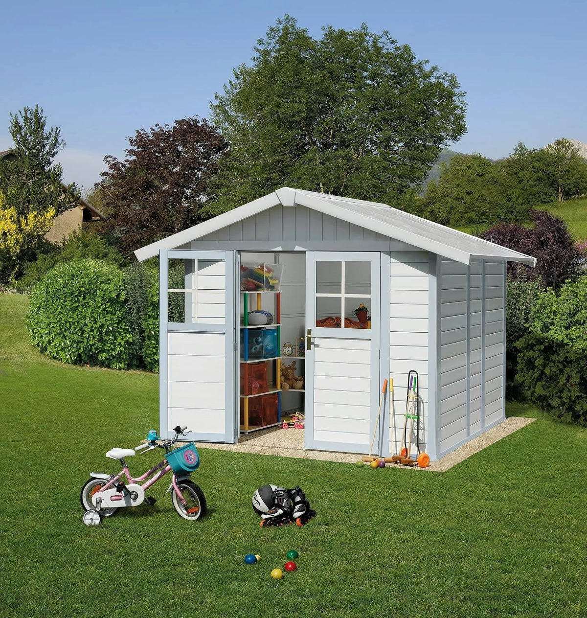 Gartenhaus Ondis24, Metall, Maße 2,42x2,02m, Gerätehaus Kunststoff, Geräteschuppen UV-beständig, Fahrradschuppen mit Satteldach