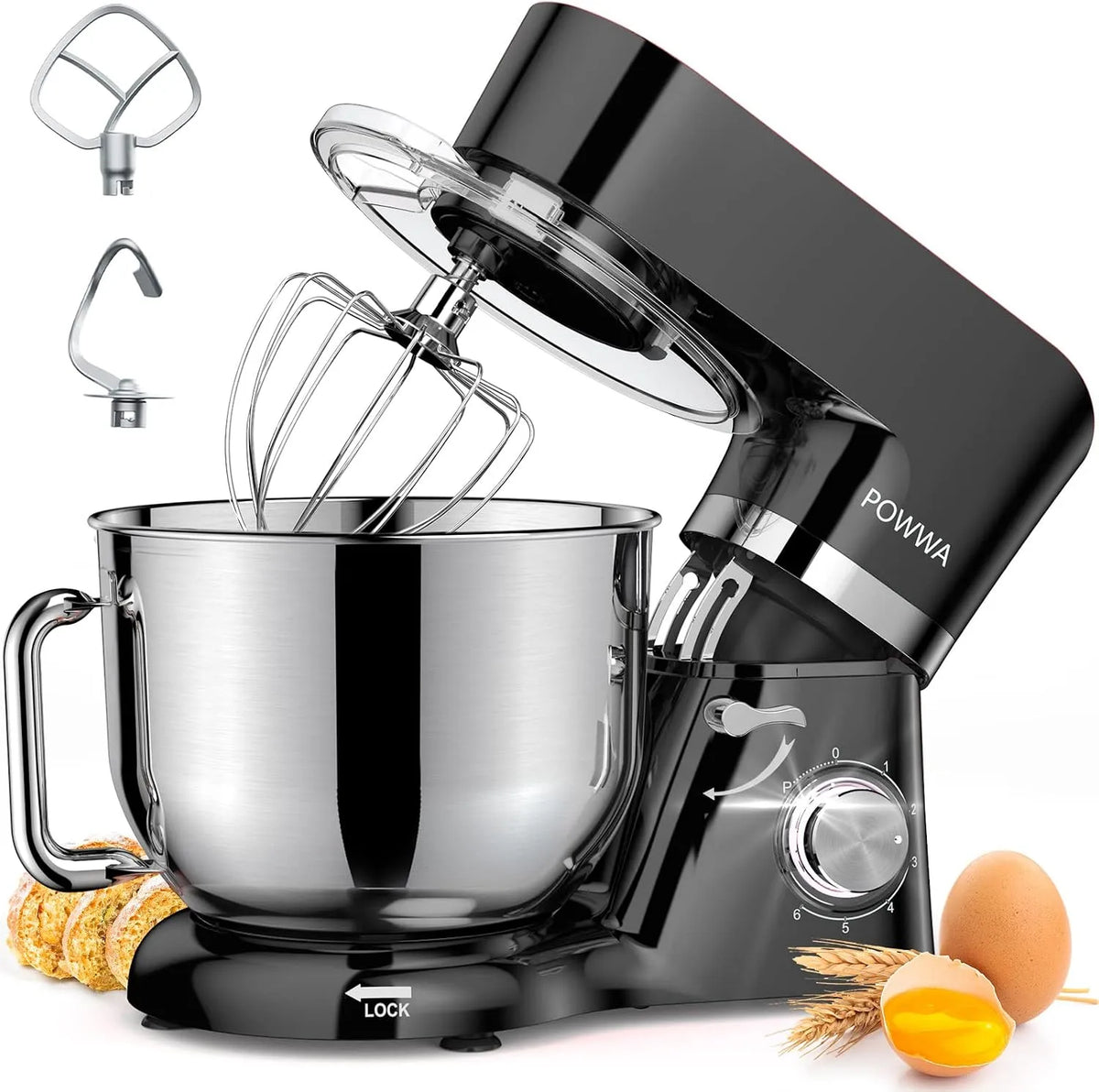 Küchenmaschine, POWWA 5,5 L Rührmaschine Knetmaschine, 6+1 Geschwindigkeit Teigmaschine,1500W Teigknetmaschine mit Schneebesen, Knethaken, Kekse