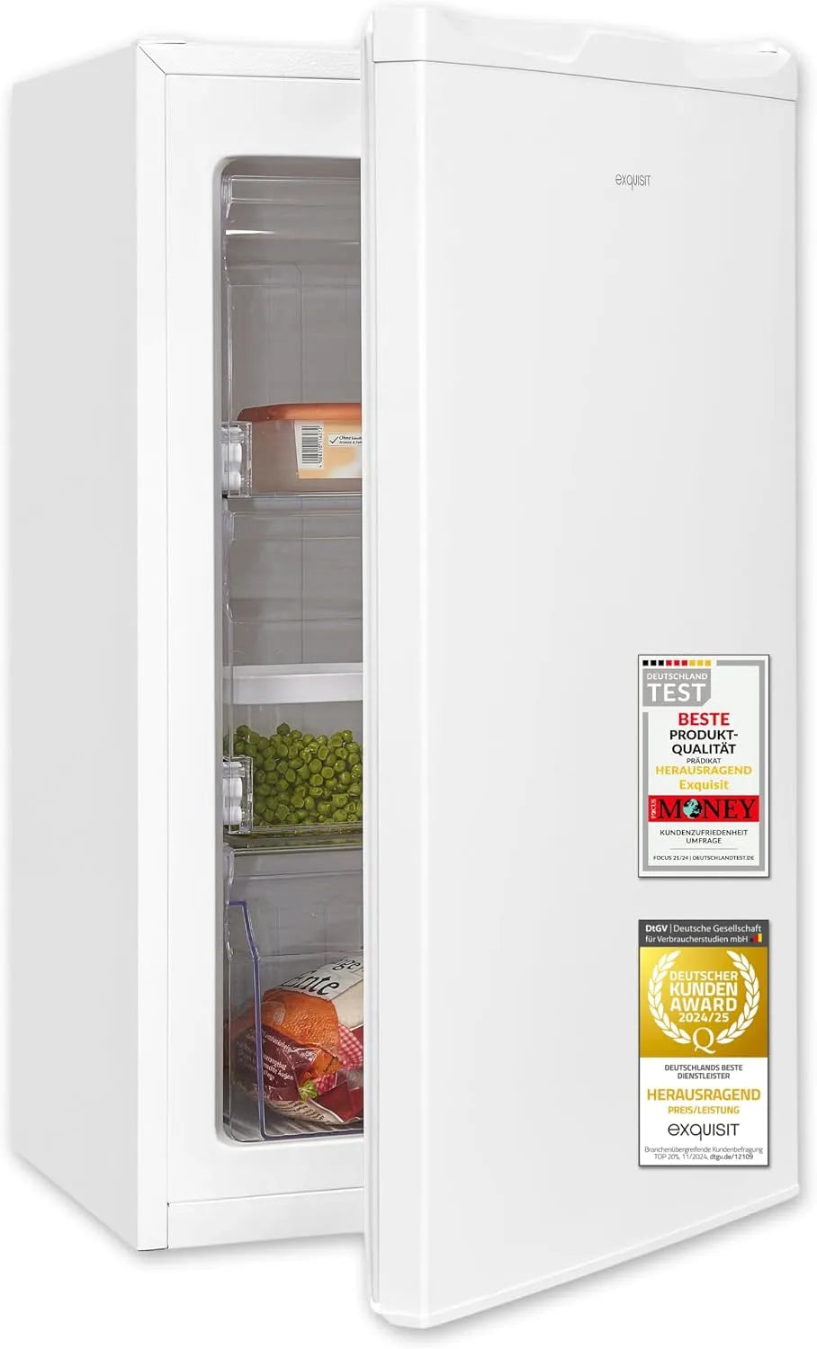 Exquisit Gefrierschrank 4-Sterne-Gefrieren GS5111-330E, Fassungsvermögen 63 l Nutzinhalt, 39 dB, Energieeffizienzklasse E, kompakte Bauform, weiss