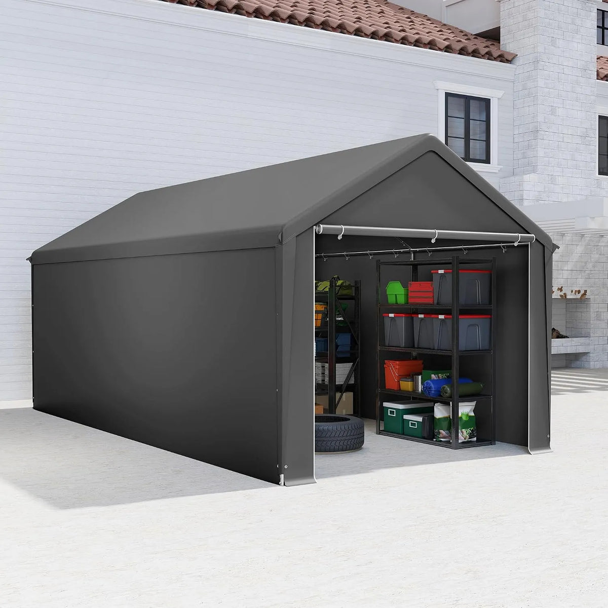 Carport Aufun, Wasserdichtes Lagerzelt mit PE-Dach, UV-beständig Winterfest Unterstand für Auto, LKW, Farbe Grau, Zeltgarage 3x6m, SUV, Boot